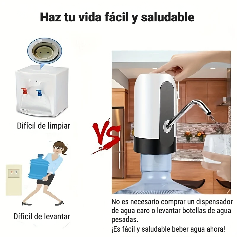 Dispensador de agua automático recargable con tubo de silicona y base blanca