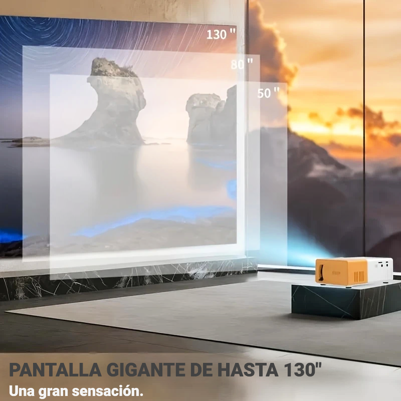 Proyector portátil mostrando película sobre una pared blanca en sala de estar