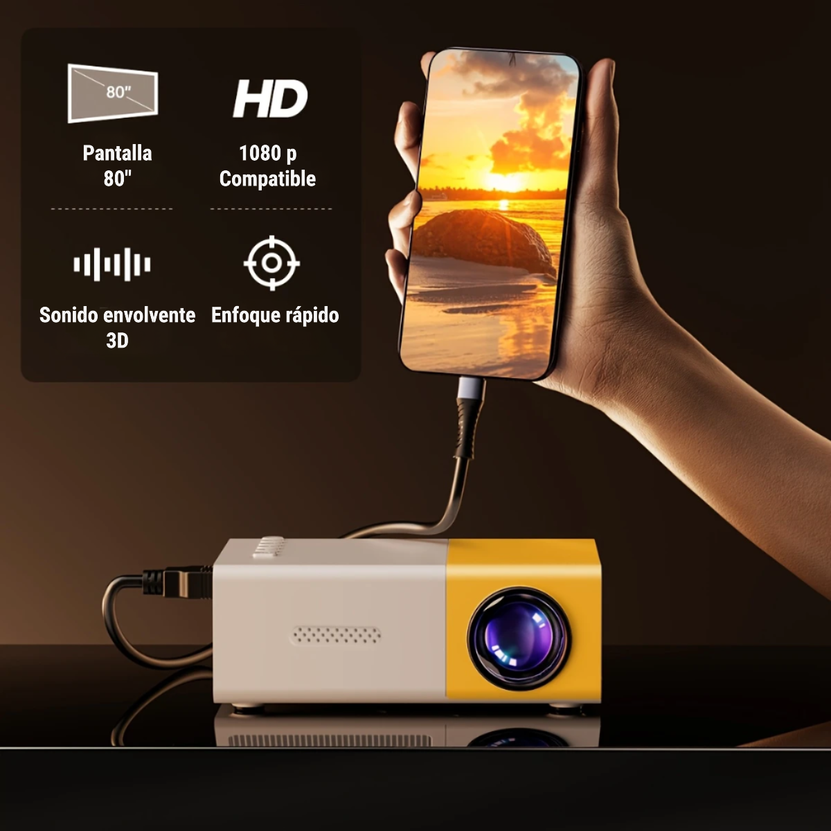 Mini proyector portátil con entradas HDMI, USB, VGA y ranura SD