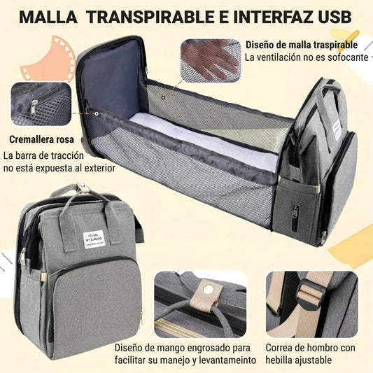 Pañalera cuna y mudador 3 en 1 color gris, ideal para mamás en movimiento