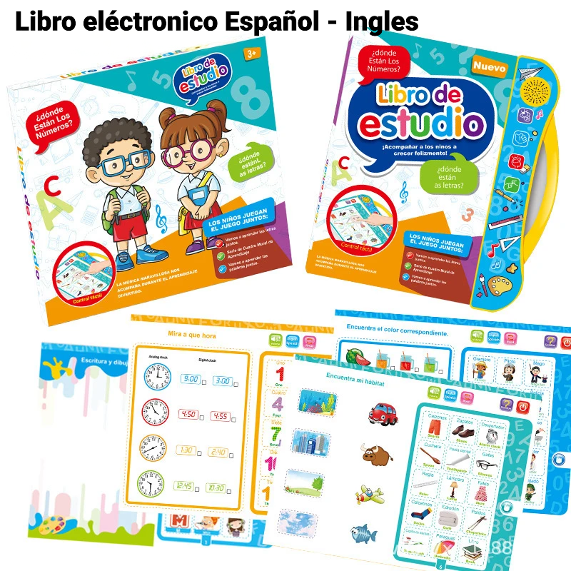 Estimula el desarrollo lingüístico de tus hijos con este libro interactivo que combina juegos, sonidos y aprendizaje en inglés y español.