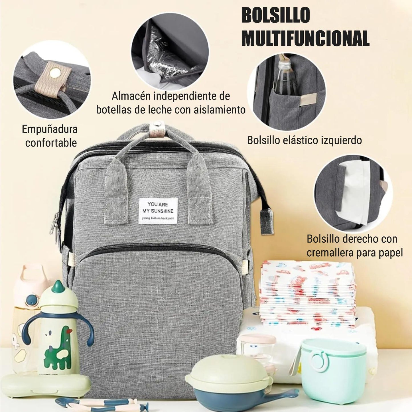 TODO EN UNO PARA MAMÁS: PAÑALERA, CUNA Y MUDADOR 3 EN 1 – ESTILO GRIS NEUTRO