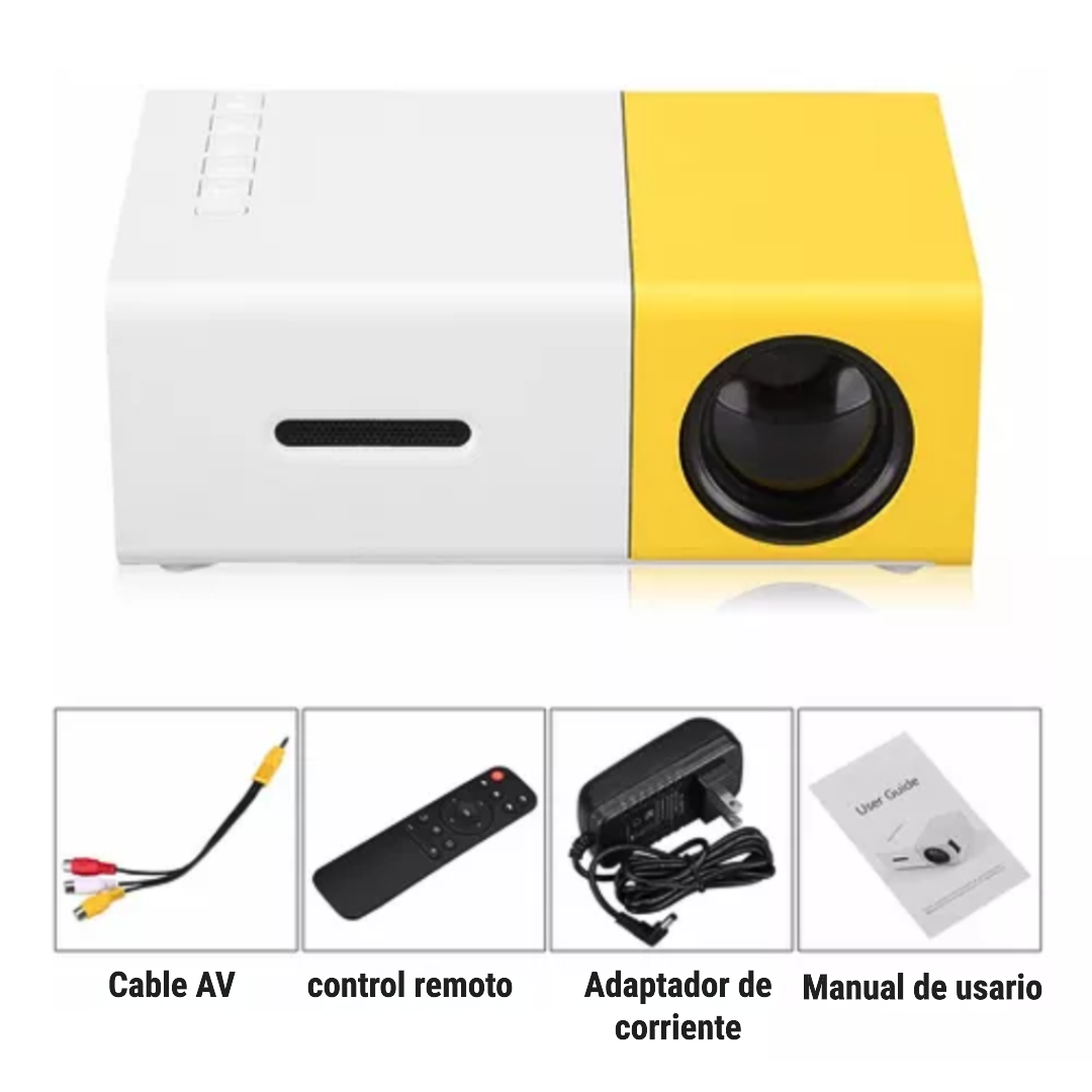 Puertos del mini proyector: HDMI, USB, VGA, SD y cable de alimentación