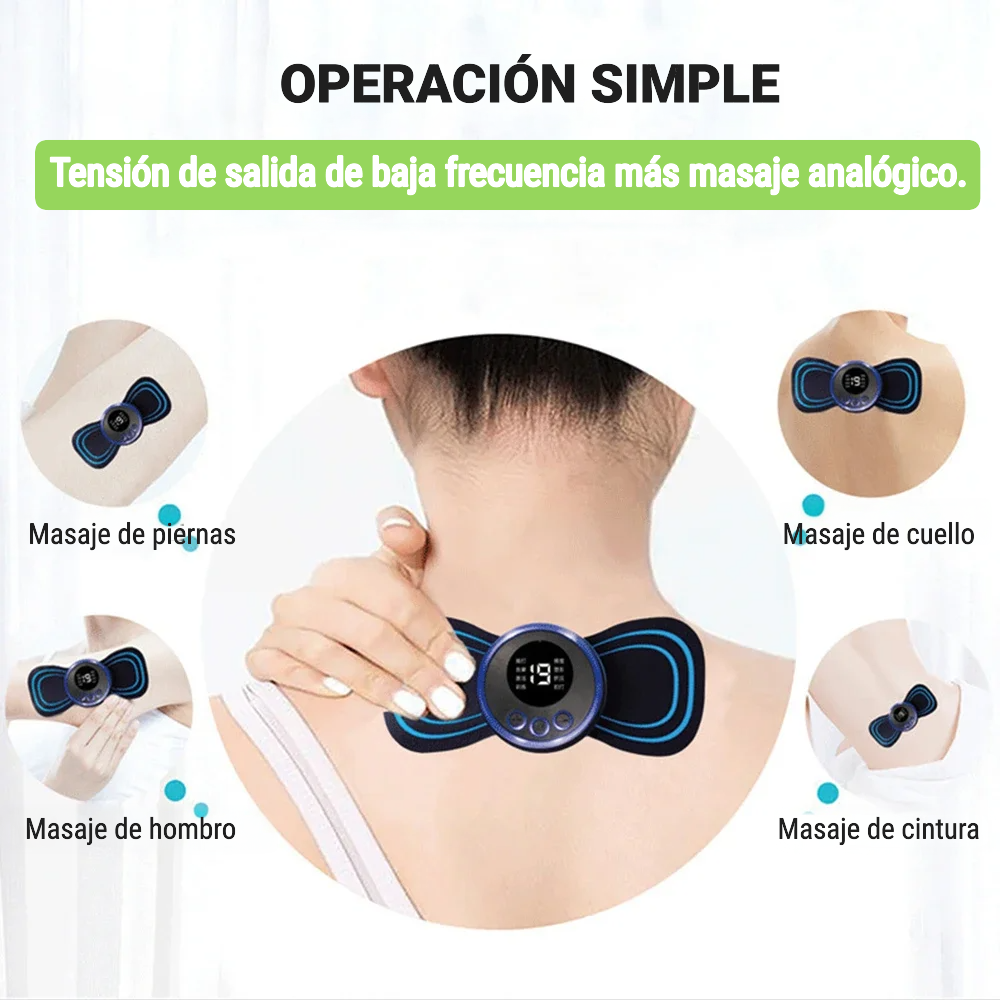 Persona usando mini masajeador eléctrico para aliviar tensión en el cuello