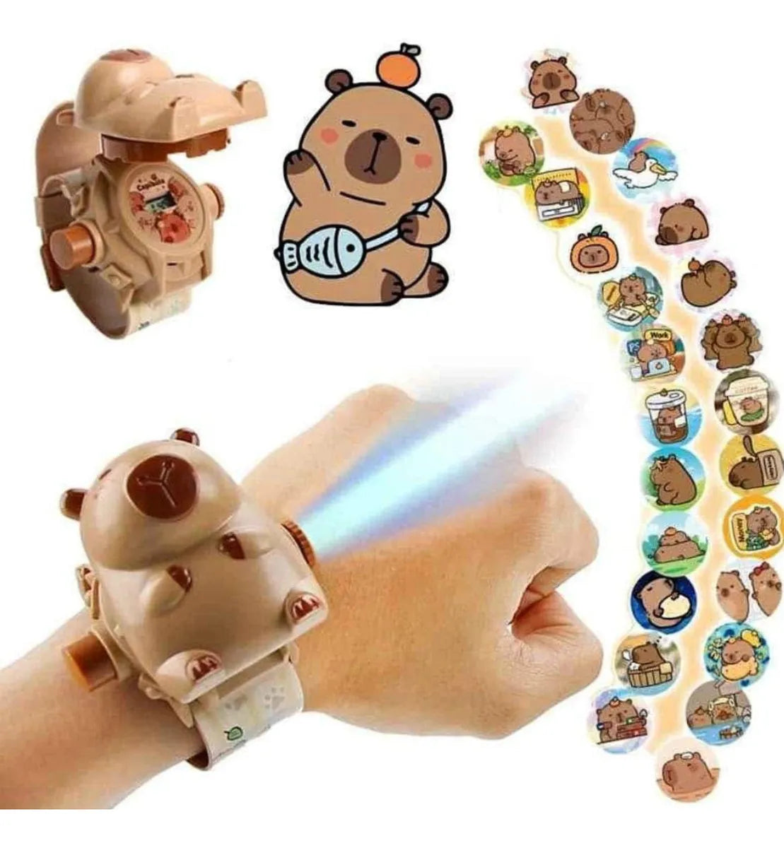 Niño usando reloj proyector Capibara, proyectando imagen sobre pared